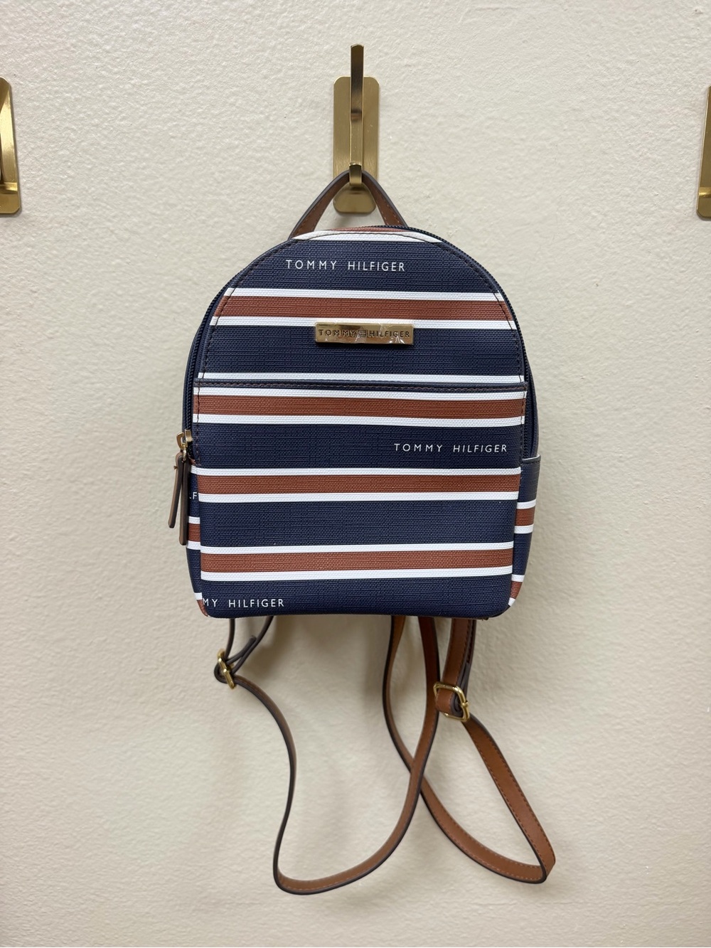 NWOT Tommy Hilfiger Navy, White & Brown Striped Mini Backpack